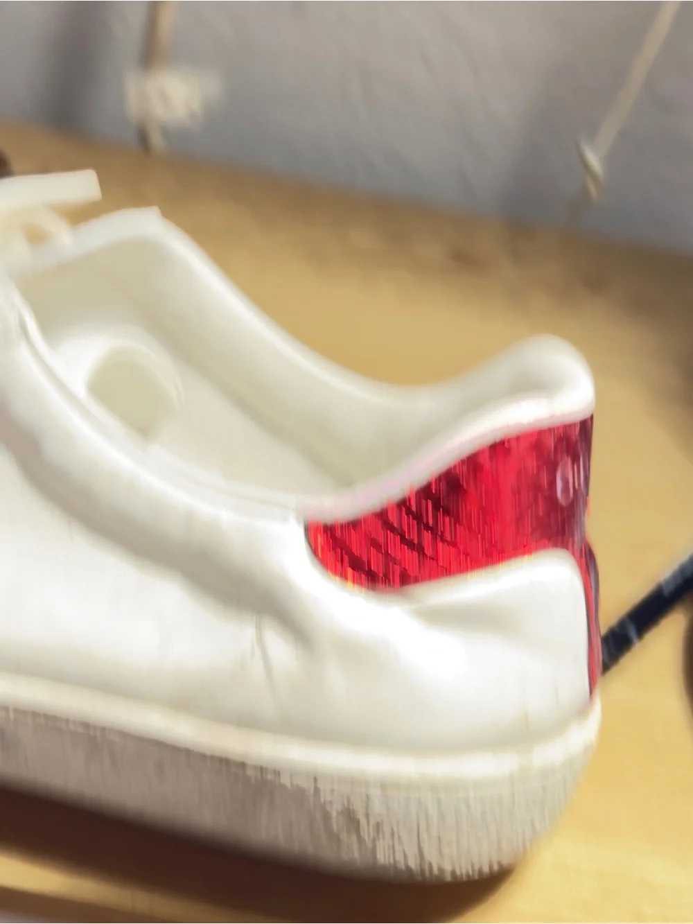 Gucci White Leather Sneakers with Red & Blue Stripe and Embroidered Patch